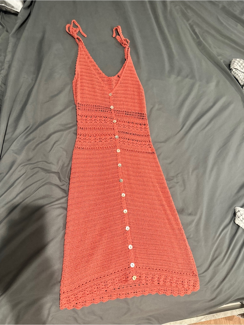 Coral Crochet Button-Front Midi Dress